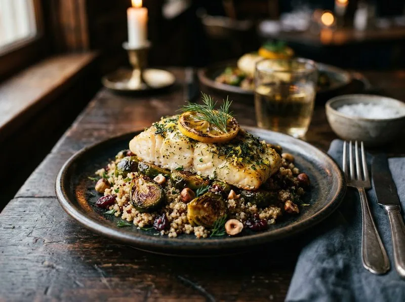 Baked Cod Brussels sprouts Quinoa