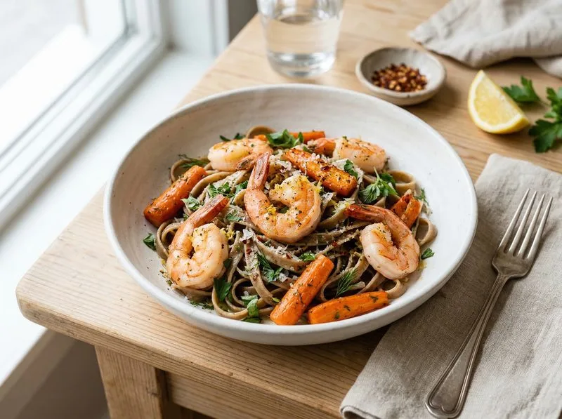 Baked Shrimp Carrots Whole wheat pasta
