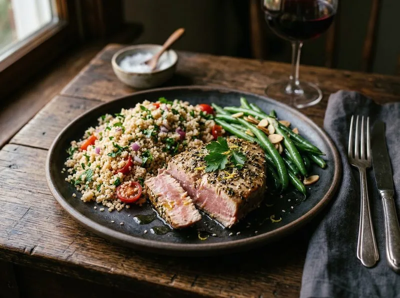 Baked Tuna Green beans Whole wheat couscous