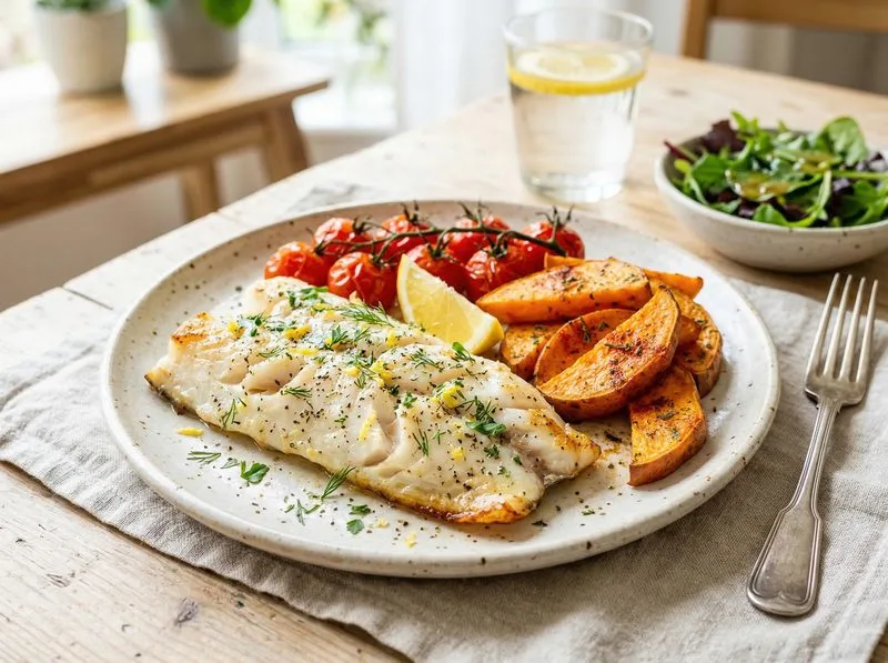 Baked White fish Tomatoes Sweet potato