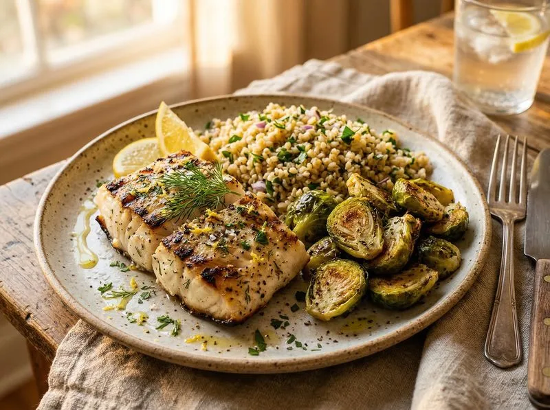 Grilled Cod Brussels sprouts Bulgur