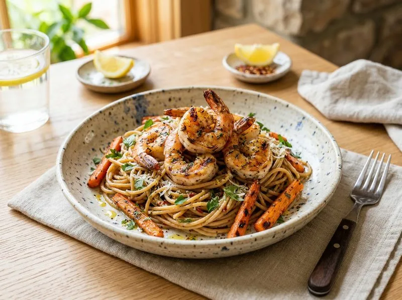 Grilled Shrimp Carrots Whole wheat pasta