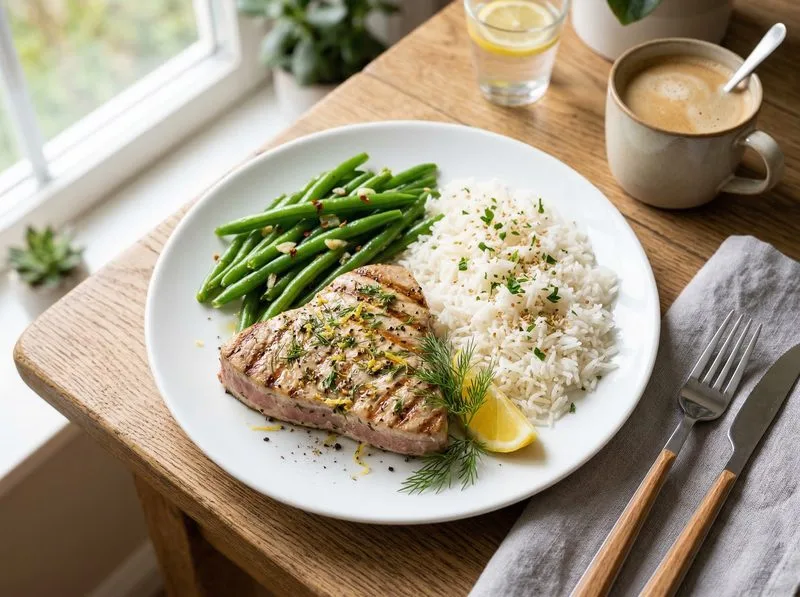 Grilled Tuna Green beans Basmati rice
