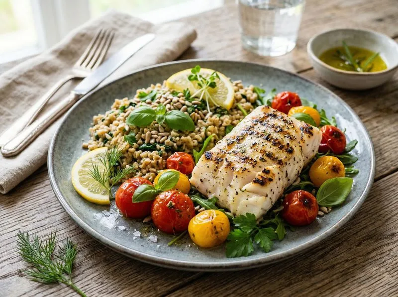 Grilled White fish Tomatoes Oats