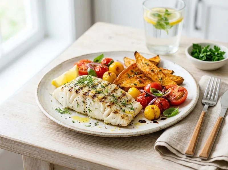 Grilled White fish Tomatoes Sweet potato