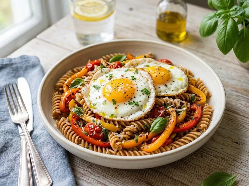 Pan-seared Eggs Bell peppers Whole wheat pasta