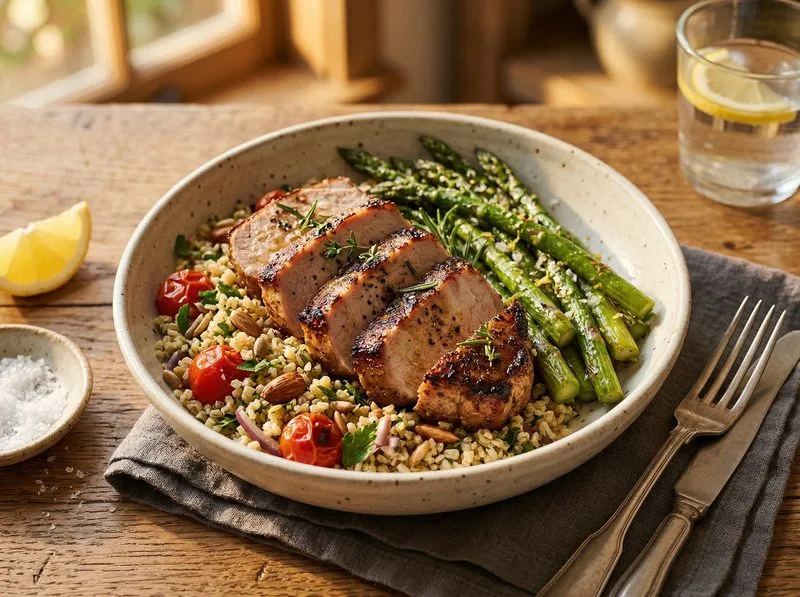 Pan-seared Pork loin Asparagus Bulgur