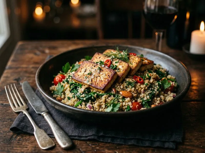 Pan-seared Tofu Spinach Quinoa