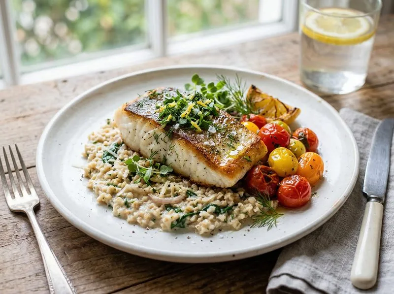 Pan-seared White fish Tomatoes Oats