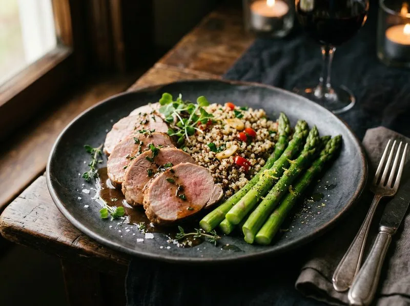 Steamed Pork loin Asparagus Quinoa
