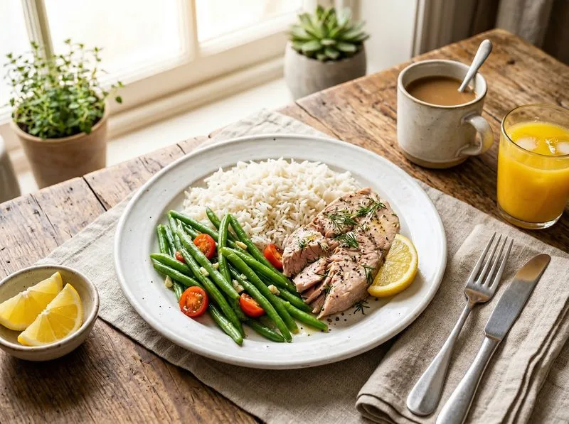 Steamed Tuna Green beans Basmati rice