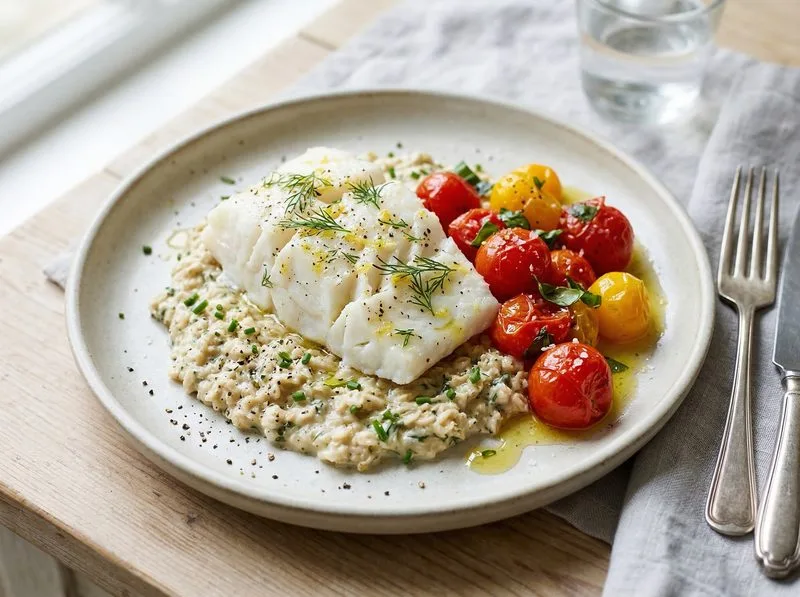 Steamed White fish Tomatoes Oats