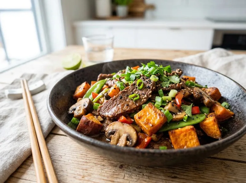 Wok stir-fried Beef Mushrooms Sweet potato