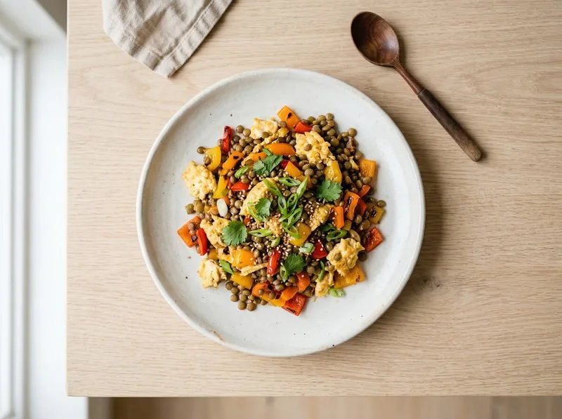 Wok stir-fried Eggs Bell peppers Lentils