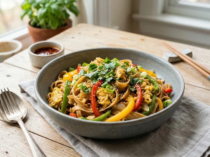 Wok stir-fried Eggs Bell peppers Whole wheat pasta