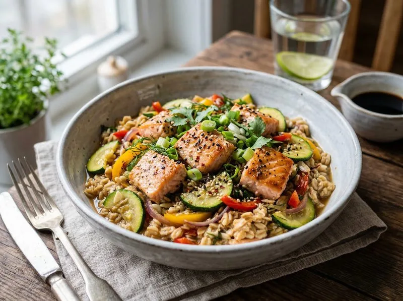 Wok stir-fried Salmon Zucchini Oats