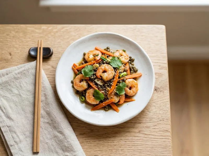 Wok stir-fried Shrimp Carrots Lentils