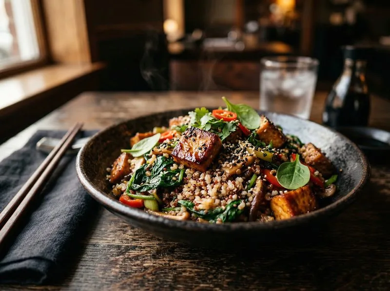 Wok stir-fried Tofu Spinach Quinoa