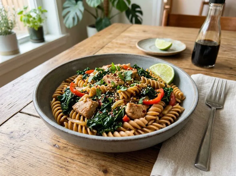 Wok stir-fried Turkey Kale Whole wheat pasta